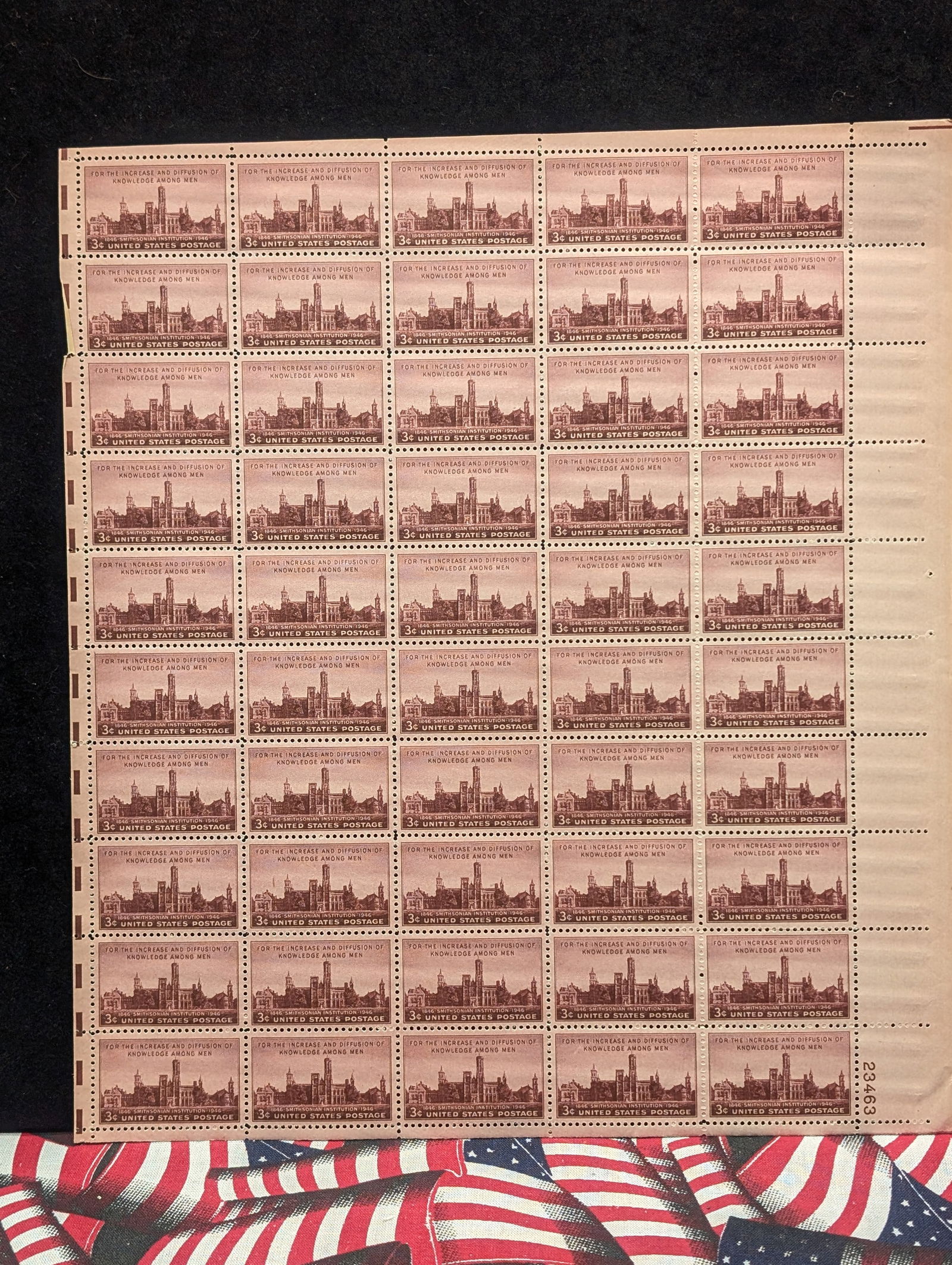 1846-1946 The Smithsonian Institution Centennial, 3-Cent Sheet Of 50 U.S. Stamps. Scotts #943. Plate (1 of 2)