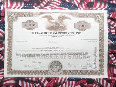 1969 Tech-Aerofoam Products Stock Cert. Tough