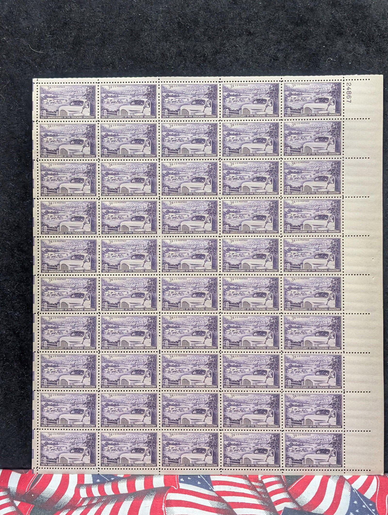 1903-1953 50th Anniv. of The Trucking Industry, 3-Cent Sheet Of 50 U.S. Stamps. Scotts #1025. Plate (1 of 2)