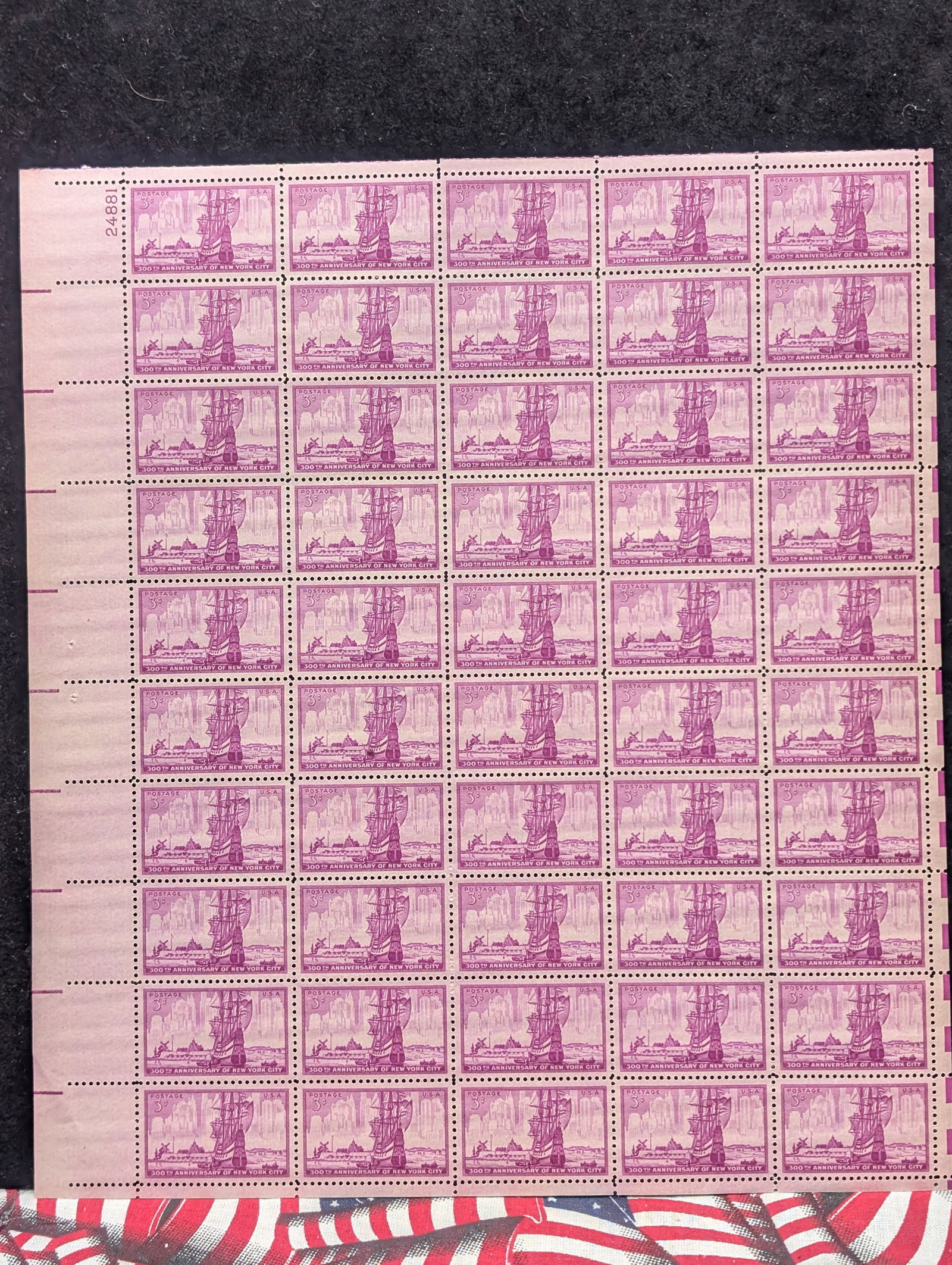 1953 New York City Tricentennial, 3-Cent Sheet Of 50 U.S. Stamps. Scotts #1027. Plate Block #24881. (1 of 2)