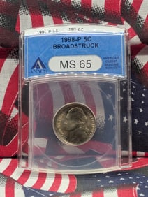 MINT ERROR ANACS MS 65 1998-P BROADSTRUCK 5 Cent