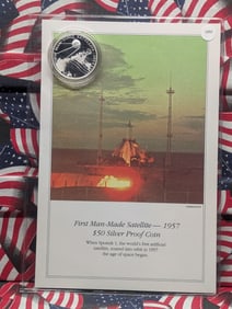1957 Marshall Islands "Man Made Satellite" $50 Silver Proof Coin With Informational Card
