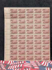 1958 Brussels World’s Fair Exhibition, 3-Cent Sheet Of 50 U.S. Stamps. Scotts #1104. Plate Block