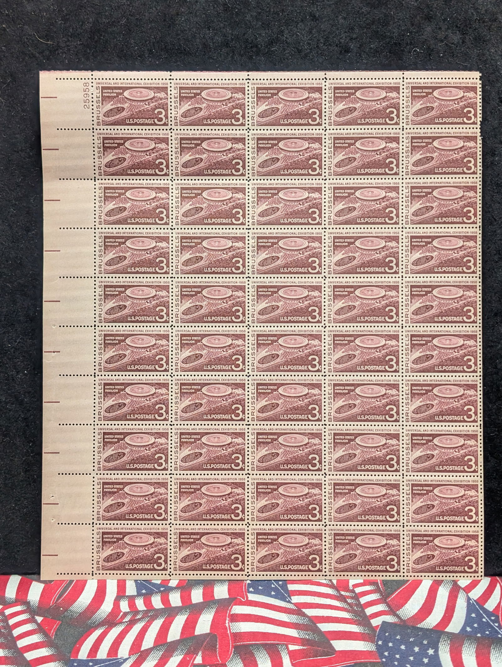 1958 Brussels World’s Fair Exhibition, 3-Cent Sheet Of 50 U.S. Stamps. Scotts #1104. Plate Block (1 of 2)