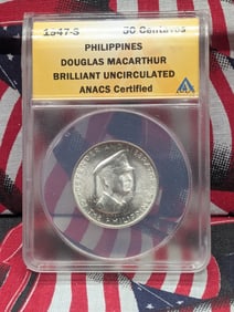 ANACS BU Philippines 1947-S 50 Centavos Douglas MacArthur Coin
