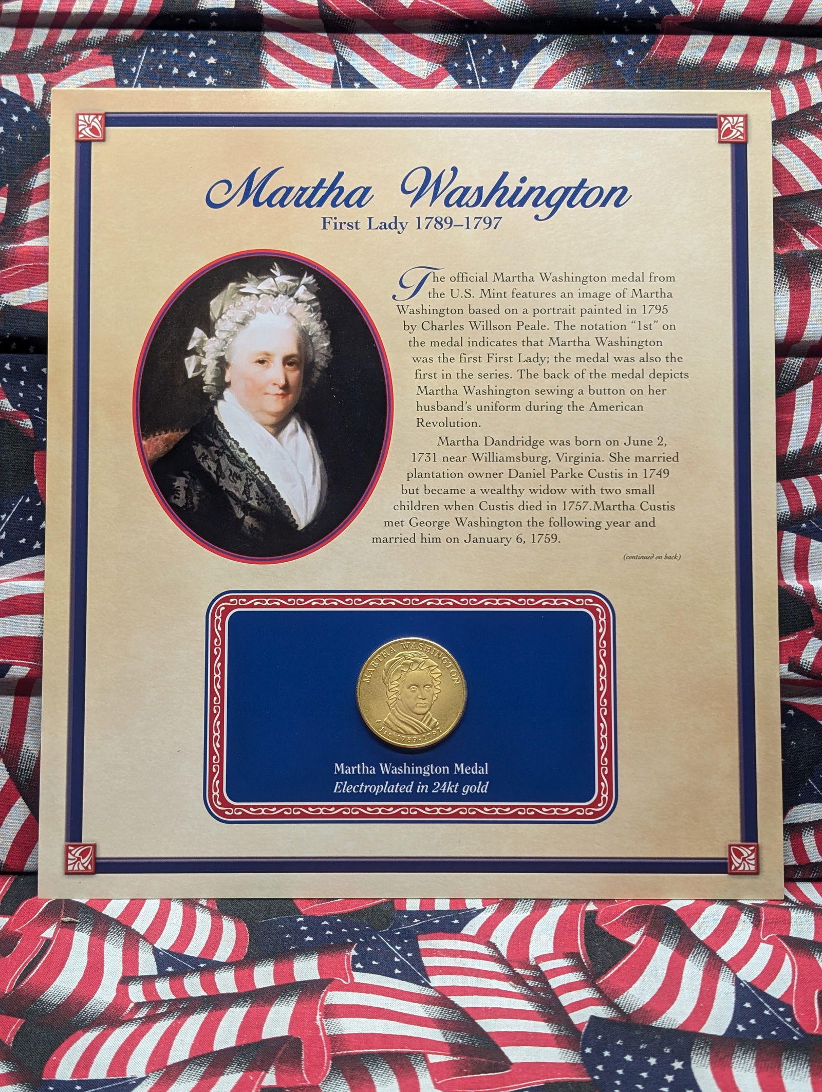 Martha Washington First Lady, Electroplated in 24kt Gold Coin, Includes Explanation Page, In: Martha Washington First Lady, Electroplated in 24kt Gold Coin, Includes Explanation Page, In Protective Plastic Sheet