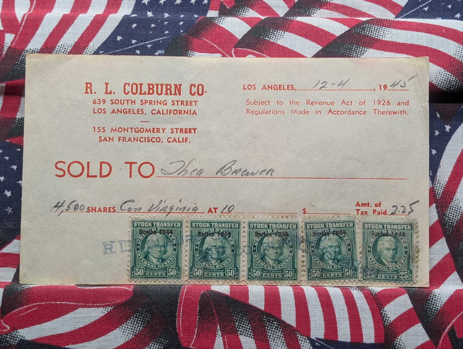 1945 Stock Transfer Document With 5 Stamps: 1945 Stock Transfer Document With 5 Stamps