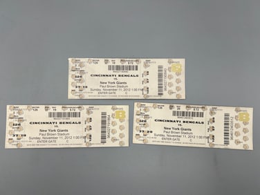 Lot of (3) November 11, 2012 Cincinnati Bengals Vs. New York Giants Football Game Ticket Stubs