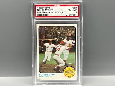 1973 Topps Cincinnati Reds NL Playoffs Foster's Run Decides It #202 PSA NM-MT 8