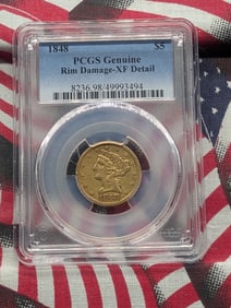 1848 Liberty Head $5 90% GOLD Half Eagle w/ Minor Rim Damage - PCGS XF DETAILS