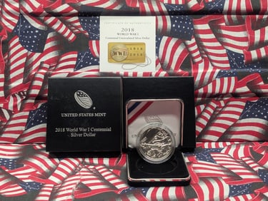 2018-P UNC WWI Centennial Commem Silver Dollar in OGP w/ COA