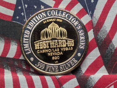 Limited Edition .999 FINE SILVER 24k Gold *LAYERED* Westward-Ho Casino $20 Gaming Token in Capsule