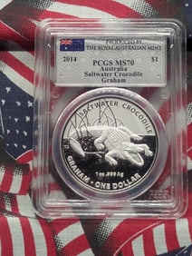 1 Oz. .999 FINE SILVER 2014 Australia $1 Saltwater Crocodile Graham - PCGS MS70