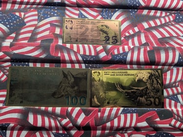 25mg 24k GOLD Prairie Dog, 50mg 24k GOLD Bald Eagle & 100mg 24k GOLD Gray Wolf Goldback (3 PCS)