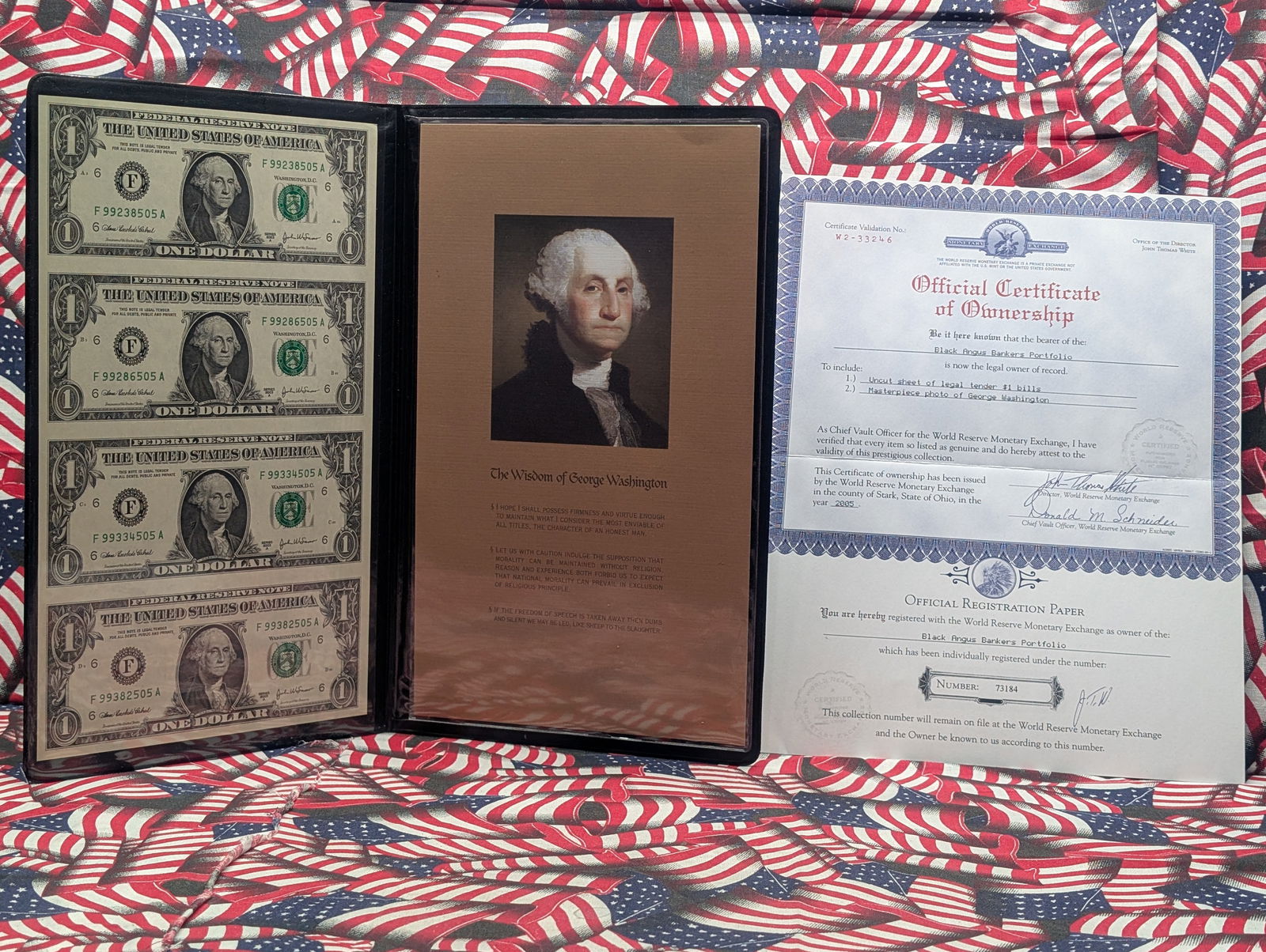 Uncut Sheet of Four 2003 A Series $1.00 Federal Reserve Notes in Display Book w/ COA (1 of 9)