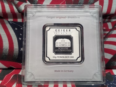 50 Grams .999 FINE SILVER Geiger Edelmetalle Schloss Guldengossa Designed Art Bar in Display Case