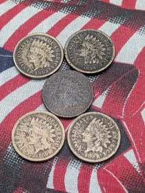 Lot of 5 Various Dated Copper Nickel Indian Head Cents