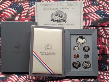 1991-S U.S. Mint Prestige Set in OGP w/ COA - Mount Rushmore Anniv. Commem Silver Dollar
