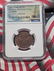 1808 India Madras Presidency (4.7g) 10 Cash - NGC GENUINE *Admiral Gardner Shipwreck Certified*