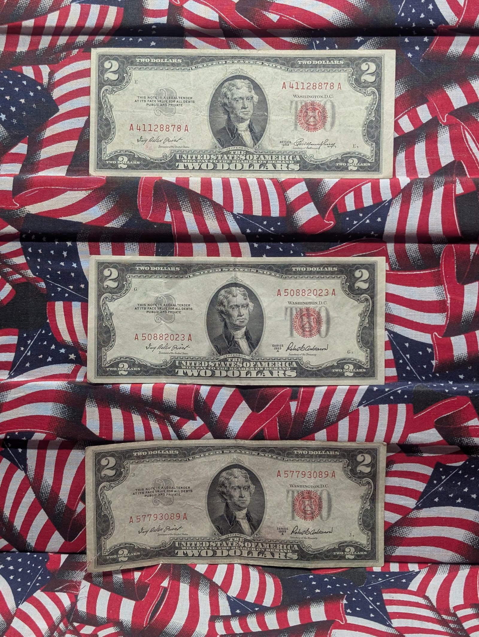 1953, (2) 53-A Series $2.00 RED SEAL Banknotes (1 of 8)