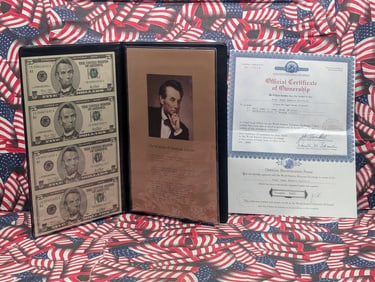 Uncut Sheet of Four 2001 Series $5.00 Federal Reserve Notes in Display Book w/ COA
