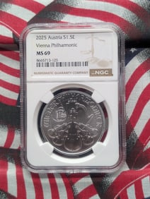 1 Oz. SILVER 2025 Austria 1.5 Euro Vienna Philharmonic - NGC MS69