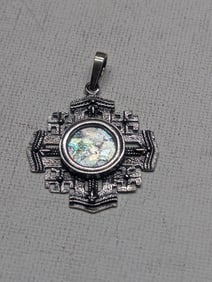 Ancient Roman Glass Set in a SOLID SILVER Necklace Pendant - REALLY NEAT PIECE!!