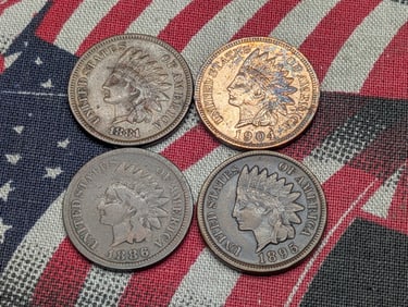 1881 *VF*, 1886 Type 1 *VG*, 1895 *XF+* & 1904 *AU* Indian Head Cents (4 Coins)