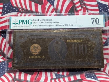 100mg 24k GOLD 1928 Series $100.00 Gold Certificate Commemorative Note - PMG Cert. GEM UNC 70