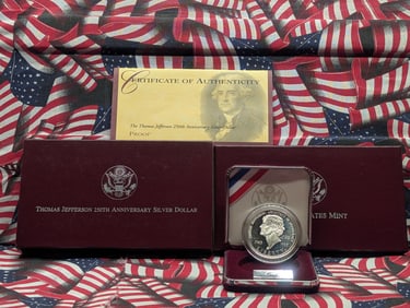 1993-S PROOF Thomas Jefferson 250th Anniv. Commem Silver Dollar in OGP w/ COA