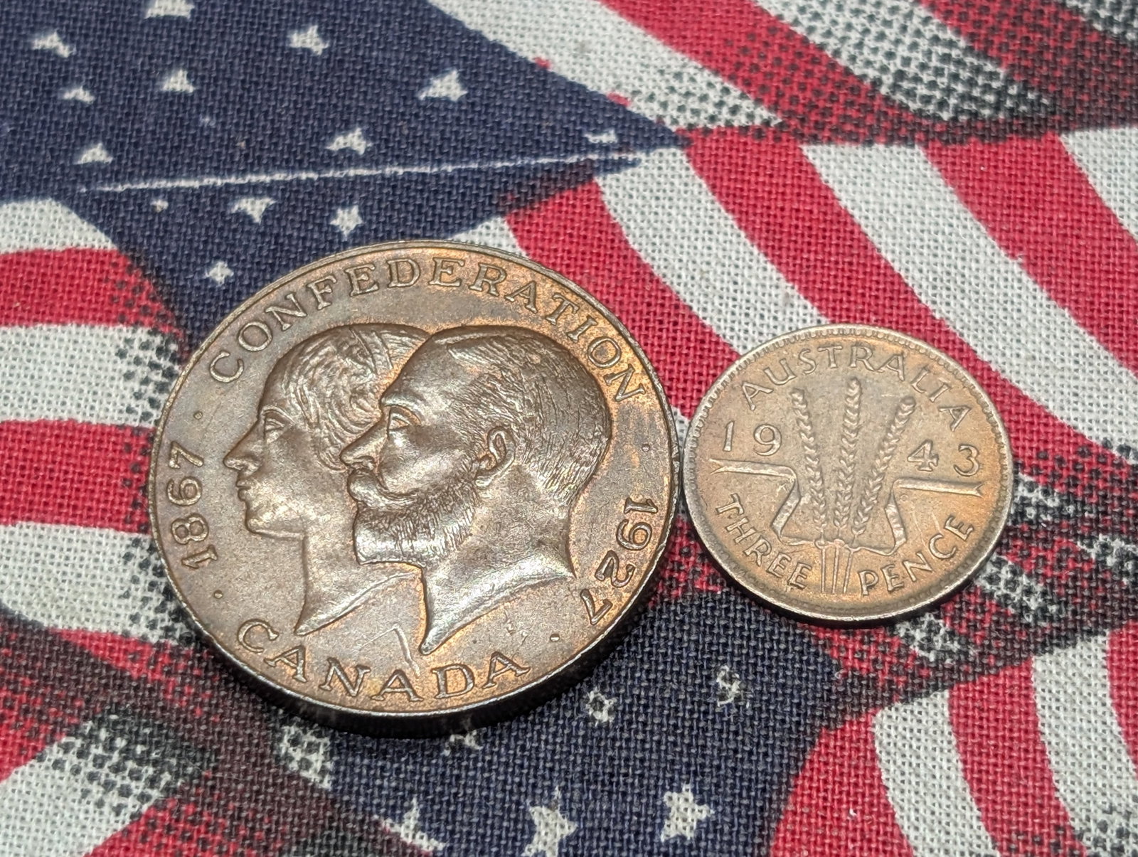 1943 Australia Silver Three pence & 1927 Confederation Canada Bronze Medal: 1943 Australia Silver Three pence & 1927 Confederation Canada Bronze Medal