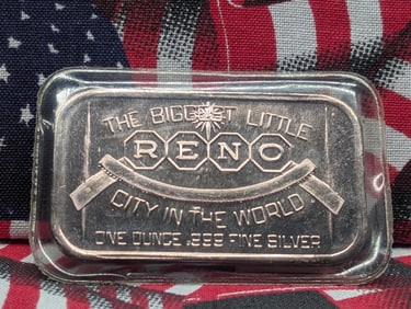 1 Oz. .999 FINE SILVER The Biggest Little City in the World - Reno Designed Art Bar Sealed in