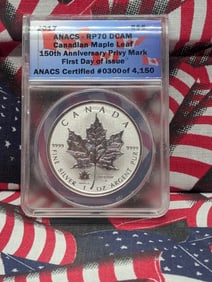 1 Oz. .9999 FINE SILVER 2017 REVERSE PROOF Canadian Maple Leaf w/ 100th Anniv. Privy Mark - ANACS