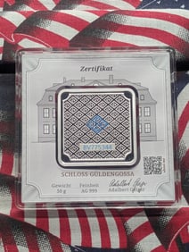 50 Grams .999 FINE SILVER Geiger Edelmetalle Schloss Guldengossa Designed Art Bar in Display Case