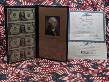 Uncut Sheet of Four 2003 A Series $1.00 Federal Reserve Notes in Display Book w/ COA
