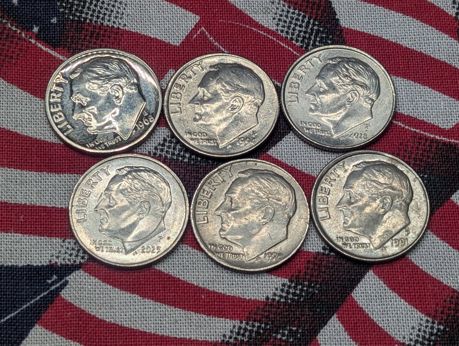 Six (6) Roosevelt dime Errors misaligned dies, 1968-S proof missing part clad, 1978, 1991, 1994,: Six (6) Roosevelt dime Errors misaligned dies, 1968-S proof missing part clad, 1978, 1991, 1994, 2018, 2023