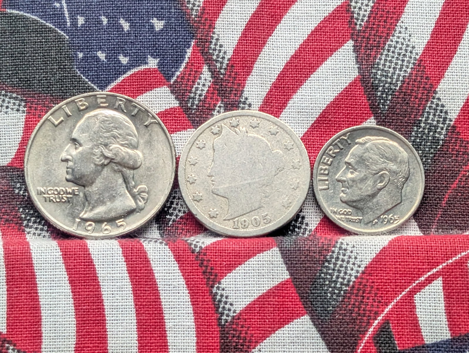 1965 Clad Dime & Quarter, 1905 V Nickel: 1965 Clad Dime & Quarter, 1905 V Nickel