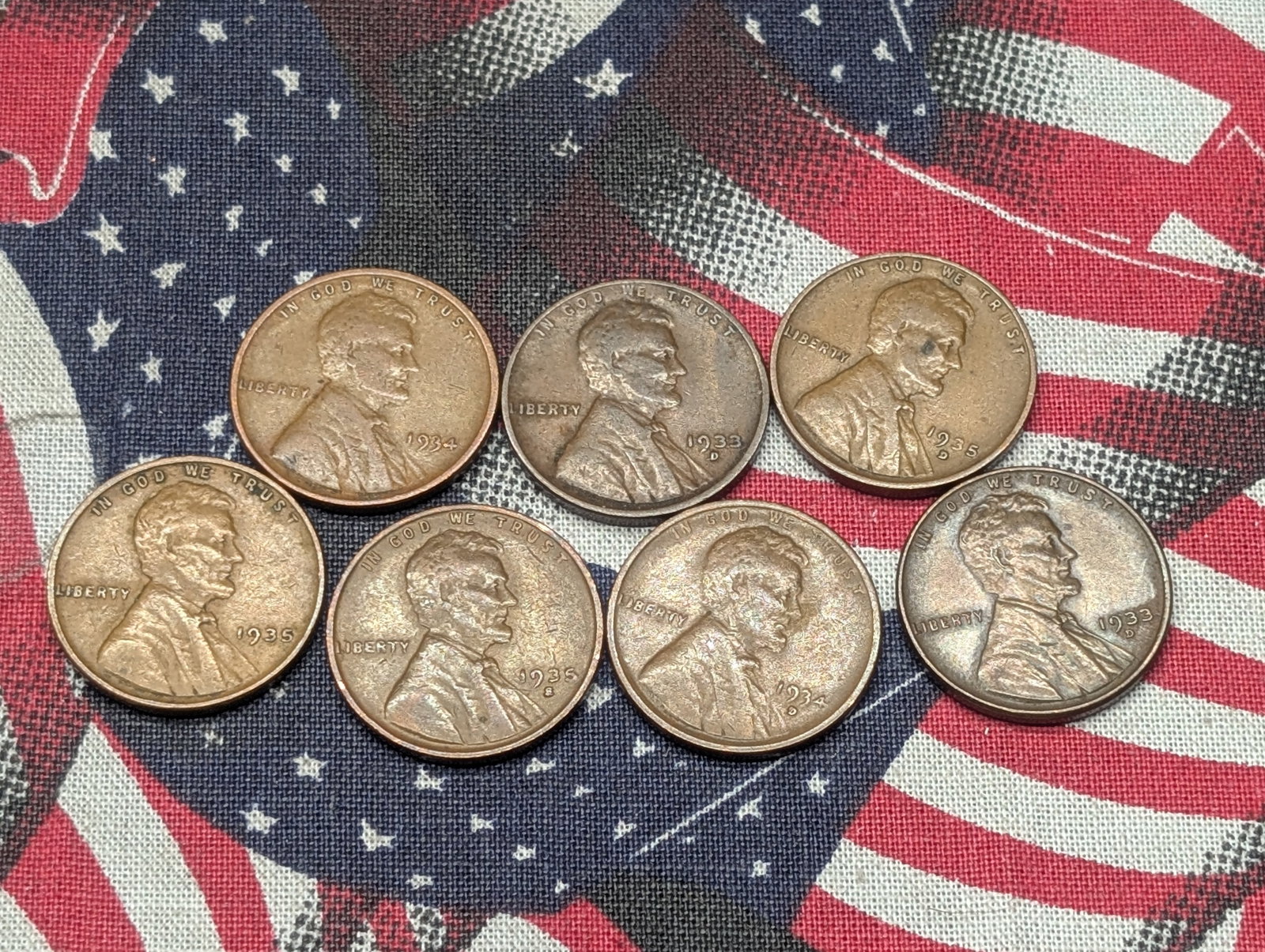 ( 7 ) Lincoln Pennies (2) 1933 D , 1934, 1934 D, 1935, 1935 D, 1935 S: ( 7 ) Lincoln Pennies (2) 1933 D , 1934, 1934 D, 1935, 1935 D, 1935 S
