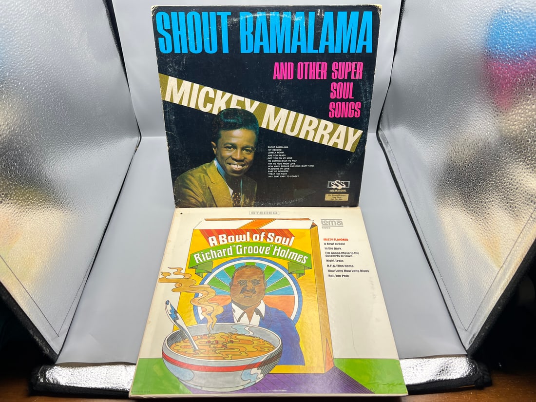 Two (2) LP Lot - Mickey Murray: Shout Bamalama (1967), promo sticker on cover; and Richard 'Groove': Two (2) LP Lot - Mickey Murray: Shout Bamalama (1967), promo sticker on cover; and Richard 'Groove' Holmes: A Bowl Of Soul (1966), promo hole in cover - Records are untested by auction house for play 