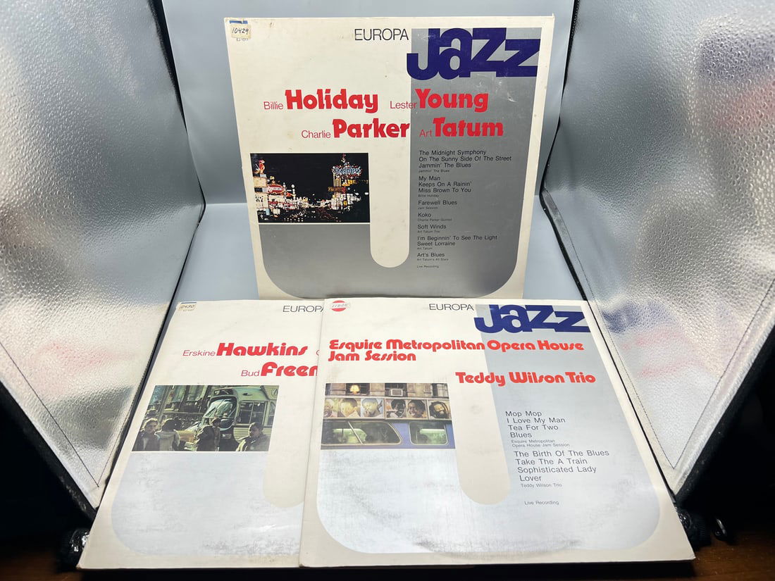 Three (3) LP Europa Jazz Lot: Billie Holiday/Lester Young/Charlie Parker/Art Tatum (1981); Erskine (1 of 6)