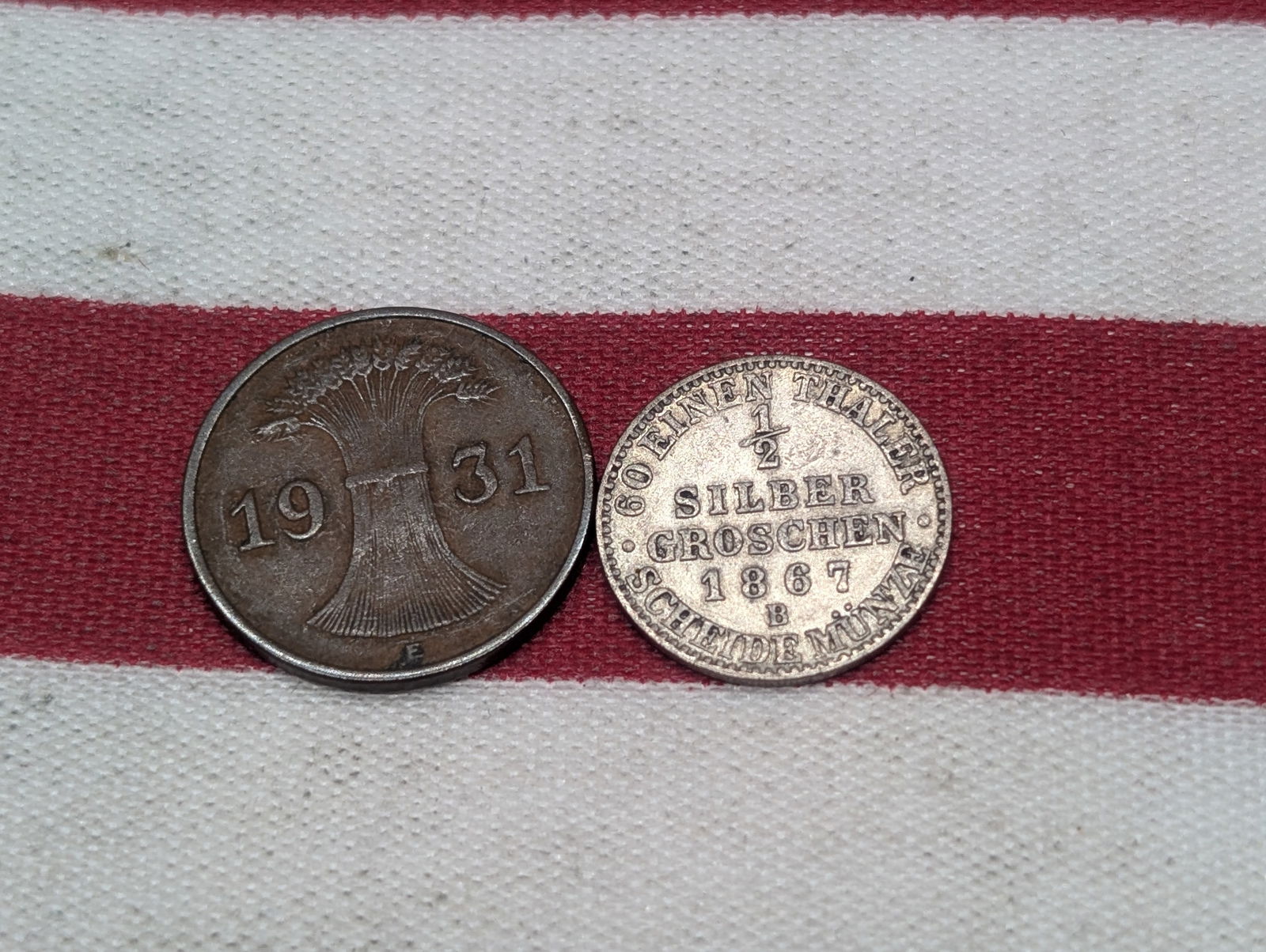 1931-E Weimar Germany 1 Pfennig & 1867-B Prussia 1/2 Silver Silber groschen (2 PCS) (1 of 2)