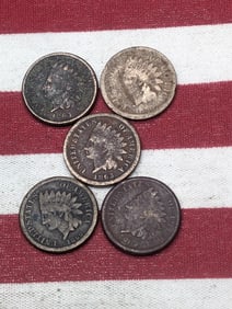 Lot of 5 Various Dated Copper Nickel Indian Head Cents
