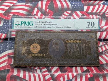 100mg 24k GOLD 1928 Series $20.00 Gold Certificate Commemorative Note - PMG Cert. GEM UNC 70