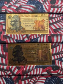 Lot of Two 24k Gold *LAYERED* 2008 Republic of Zimbabwe 100 Yottalillion Dollars Fantasy Notes