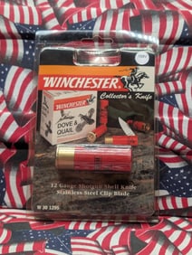 Winchester Collectors Knife 12 Ga, Shotgun Shell Knife, Stainless Steel Clip Blade. W 30 1295, Blue
