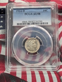 1914-D Barber Silver Dime - PCGS AU58