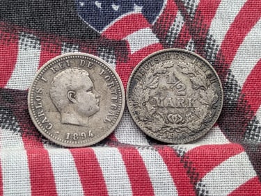1894 Portugal 100 Silver Reis *FINE - KEY DATE* & 1906 Imperial Germany 1/2 Silver Mark (2 PCS)
