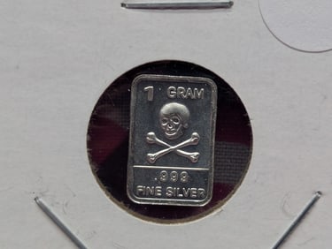 Silver Bar with Skull & Crossbones,  .999 Fine Silver, One Gram