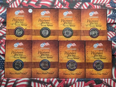 (8) Assorted Westward Journey Jefferson Nickels In Special Packaging.