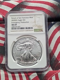 2020-S American Silver Eagle, NGC MS 69, Emergency Production, Struck at San Francisco Mint